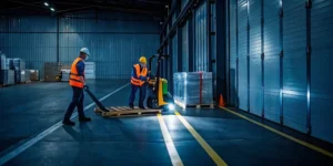 Warehouse workers re-stacking pallets as part of 24/7 freight rework services.