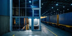 24/7 rail freight assistance at a modern terminal with shipping containers.