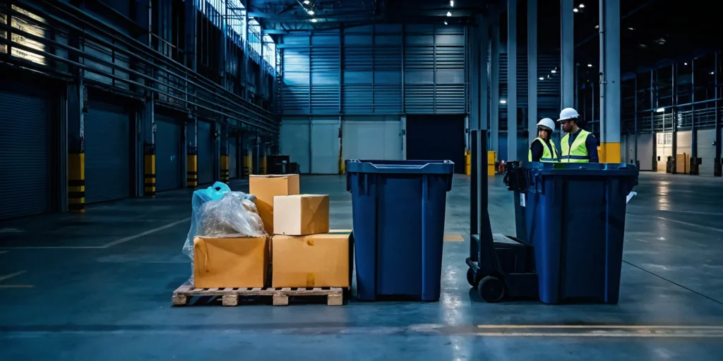 A disposal services team sorts damaged cargo into large bins inside a warehouse.