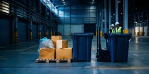 A disposal services team sorts damaged cargo into large bins inside a warehouse.