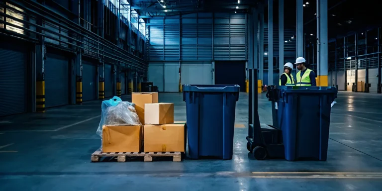 A disposal services team sorts damaged cargo into large bins inside a warehouse.