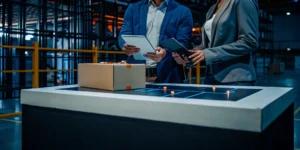 Warehouse workers using a tablet to find shipment assistance near me.