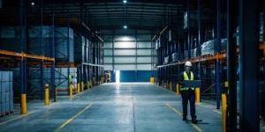 Warehouse professional managing southwest logistics services on a laptop in an organized facility.