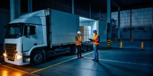 Truck drivers need assistance with a shifted load inside their trailer at night.