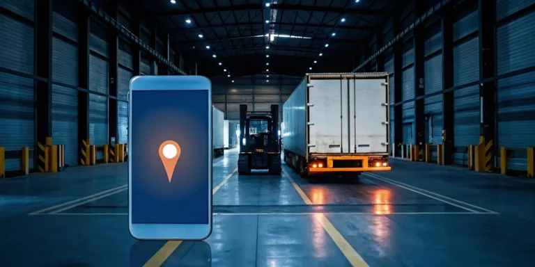 Map pin for a cross dock near me over a warehouse with a forklift moving cargo between trucks.