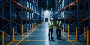Workers organizing freight inventory in a local storage warehouse.