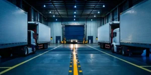 A crossdock near me service in action, with trucks moving goods at a busy facility.