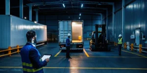 Get a quote for cross-docking services with a forklift loading a truck at a warehouse.