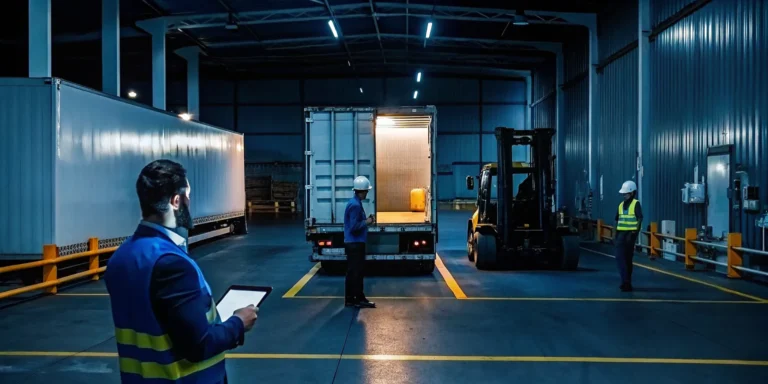 Get a quote for cross-docking services with a forklift loading a truck at a warehouse.