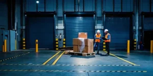 Assistance needed for a broken pallet load being inspected by warehouse workers.