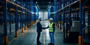 Two men in a warehouse shaking hands, securing immediate warehouse and labor support.