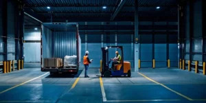 On-site lumper and labor services team unloading freight from a truck at a warehouse.