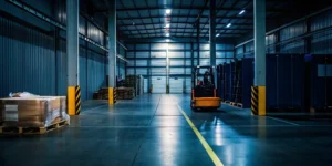 A forklift performing pallet restacking and exchange services in a warehouse.