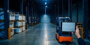 Manager in a warehouse checking inventory for a local pallet restock.