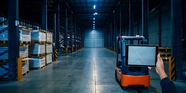 Manager in a warehouse checking inventory for a local pallet restock.