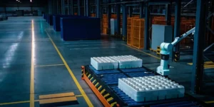 Modern postponement warehousing with an automated robot arm handling inventory.