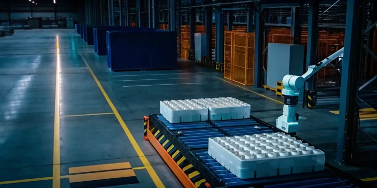 Modern postponement warehousing with an automated robot arm handling inventory.