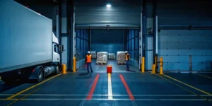 Rejected truckload at a warehouse dock with workers preparing pallets for rework and storage.