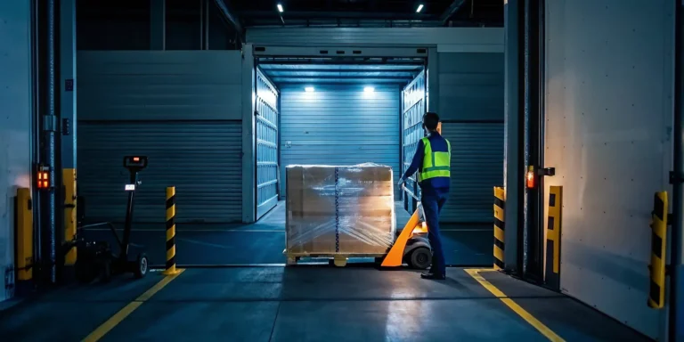 Same day freight rework and redelivery of a pallet at a warehouse loading dock.