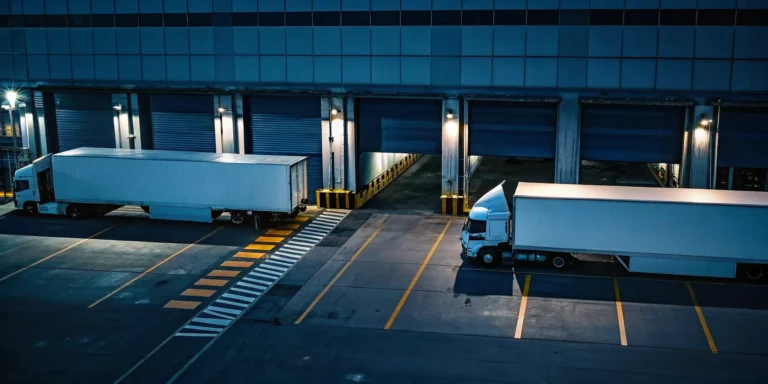 Trucks at a modern warehousing and distribution center's loading docks in Alabama.
