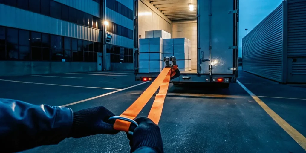 A truck driver gets emergency assistance securing an unstable load inside a semi-trailer.