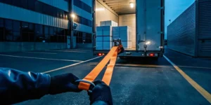 A truck driver gets emergency assistance securing an unstable load inside a semi-trailer.