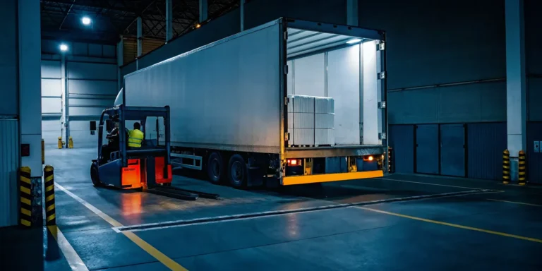 Forklift providing load adjustment services for a truck in a warehouse.