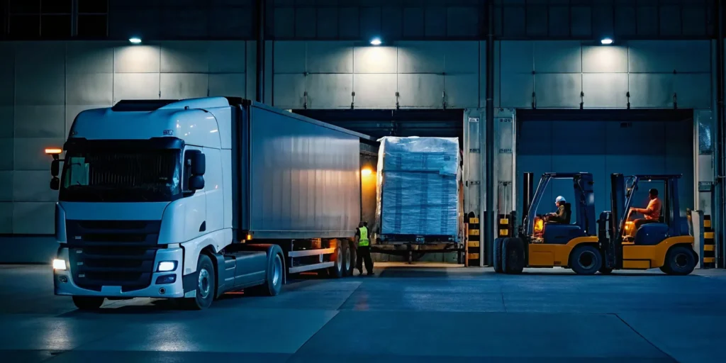 A distressed load solution with forklifts unloading a truck at a warehouse dock.
