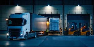 A distressed load solution with forklifts unloading a truck at a warehouse dock.