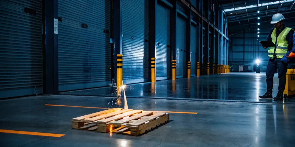 A stack of broken pallets in a warehouse that need attention from a local pickup service.
