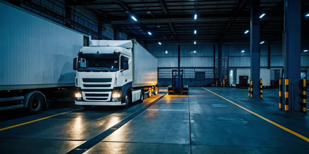 Cargo truck at a busy crossdock facility, a required service for local shipping.