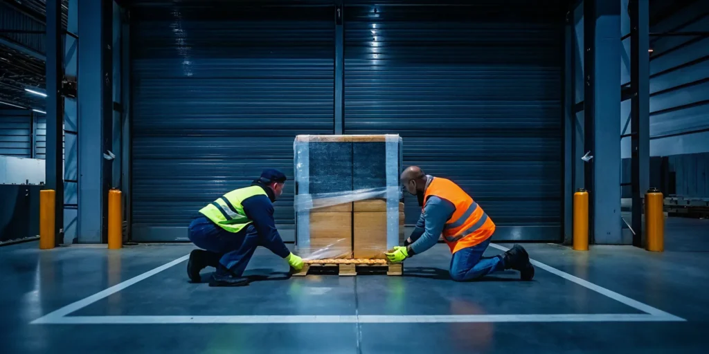 Workers performing a damaged freight repair on a pallet in a warehouse.