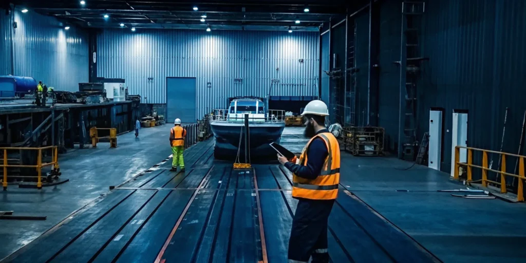 Workers inspect a damaged loading dock before starting an urgent freight rework.