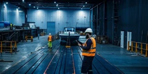 Workers inspect a damaged loading dock before starting an urgent freight rework.