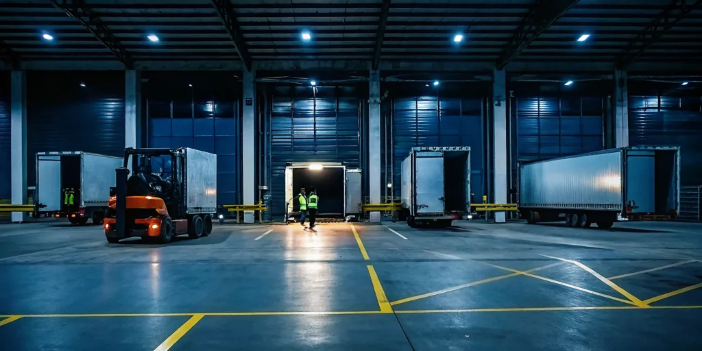 Emergency crossdock needed near me with a forklift moving freight between trucks at a facility.
