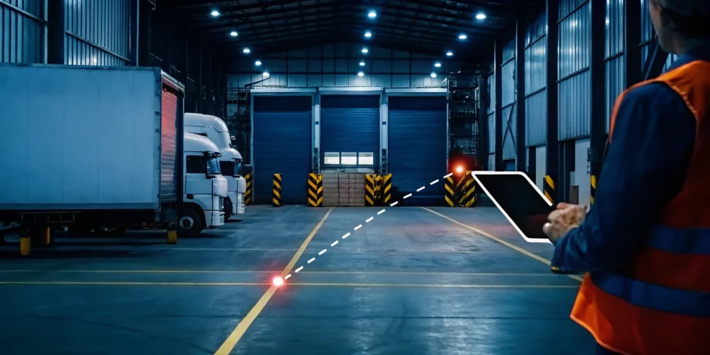 A distribution crossdock facility required for fast shipping, with trucks and workers managing freight.