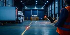 A distribution crossdock facility required for fast shipping, with trucks and workers managing freight.