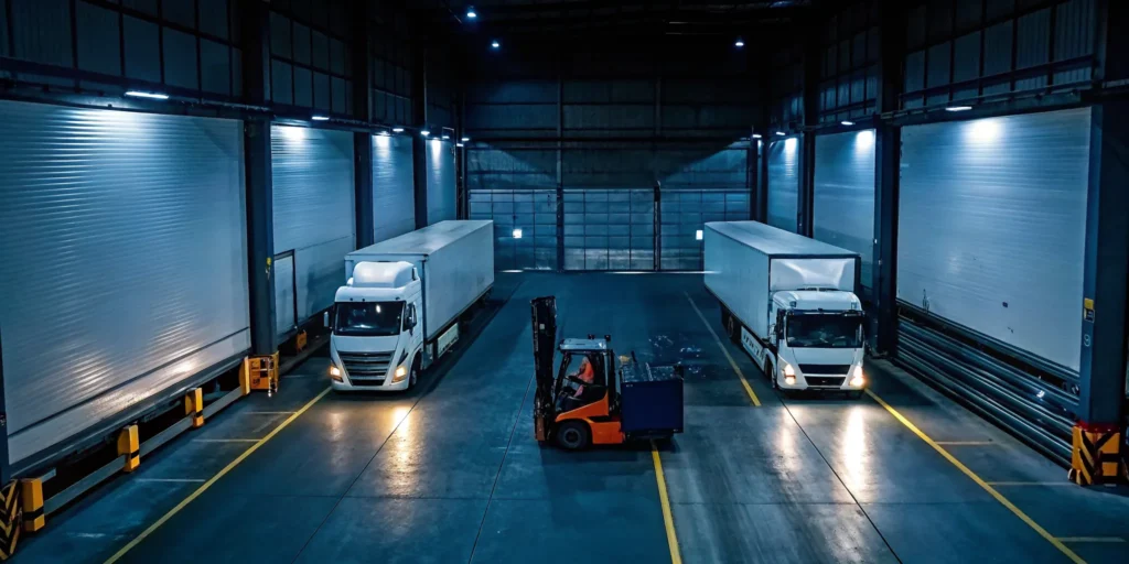 Forklift moving freight between trucks at a dock to dock crossdock facility for fast, local service.