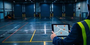 Worker uses a tablet in a warehouse to find crossdock help needed near me.