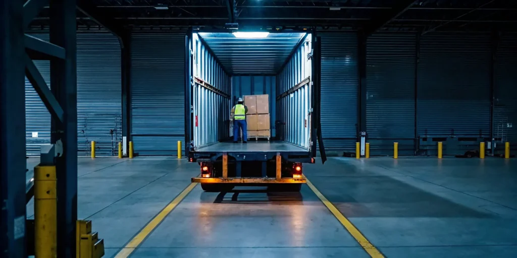 A professional performs shifted load correction services inside a truck trailer.