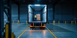 A professional performs shifted load correction services inside a truck trailer.