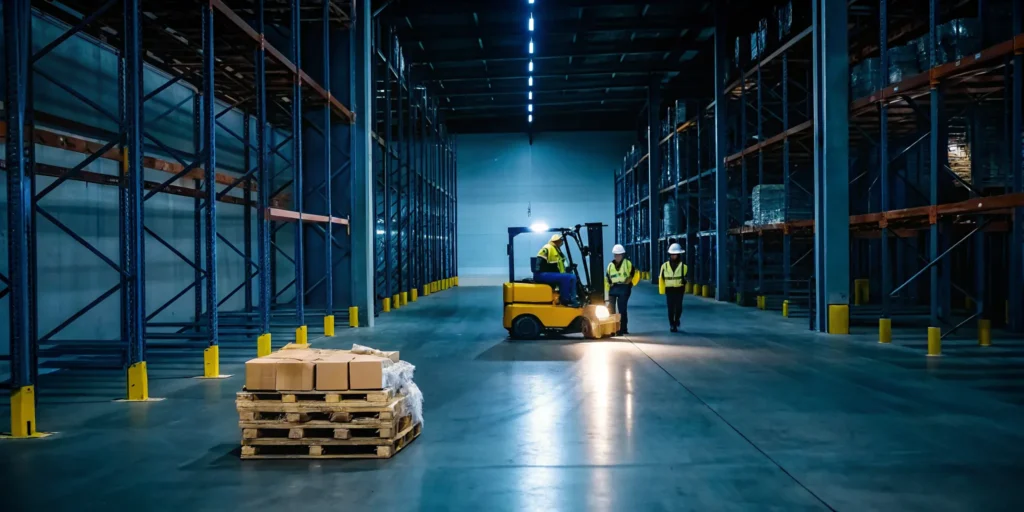 Fallen pallet stacks in a warehouse that need an emergency restack.