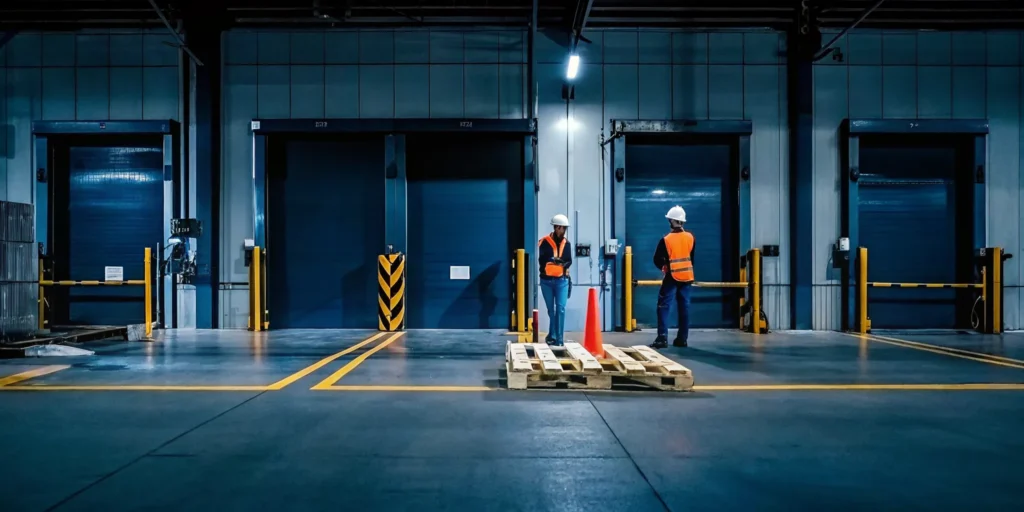 Fallen pallets blocking warehouse dock doors need to be restacked.