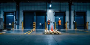 Fallen pallets blocking warehouse dock doors need to be restacked.