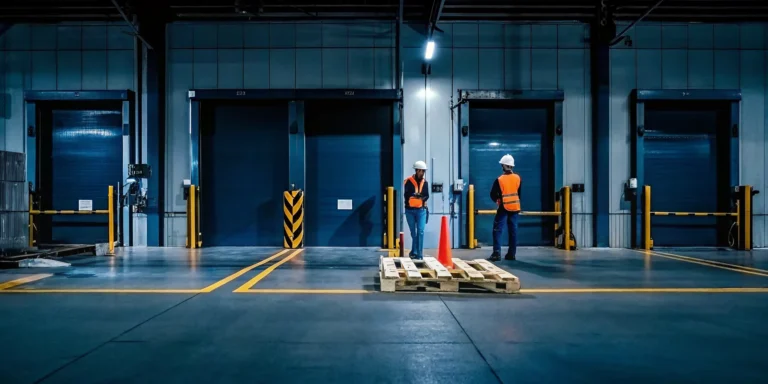 Fallen pallets blocking warehouse dock doors need to be restacked.