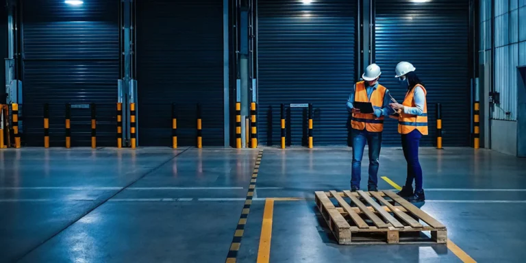 Workers in safety gear assess fallen pallets that need repositioning.