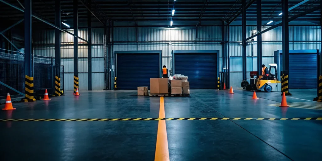 Fallen pallets in a warehouse require immediate rework by workers with a forklift.