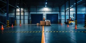 Fallen pallets in a warehouse require immediate rework by workers with a forklift.
