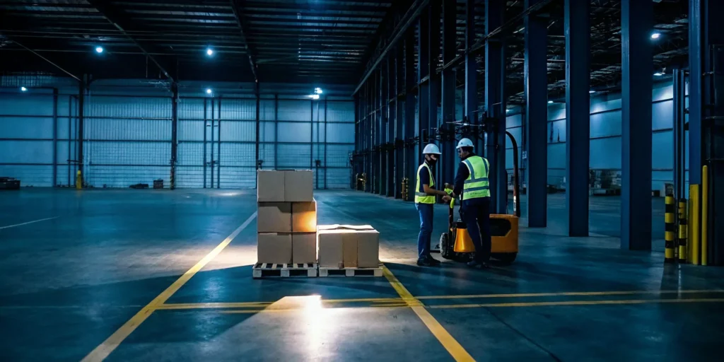 Warehouse workers in safety vests restacking fallen pallets that require cleanup.