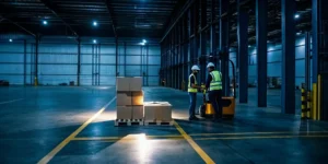 Warehouse workers in safety vests restacking fallen pallets that require cleanup.